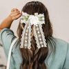 AWAYTR 3pcs Flower Hair Bow Clips for Women Girls Hair Ribbon with Flowers Lance Satin Floral Bow Clips with Long Tail(off-white/blue/pink)