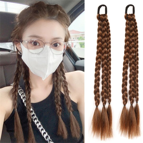 2 Pieces Colored Braids Hair Extensions with Rubber Bands Braided Synthetic Hairpieces Ponytail Hair Accessories for Women Kids Girls 15.7 Inches #03