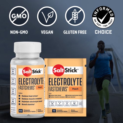 SaltStick Electrolyte FastChews - 120 Peach Chewable Electrolyte Tablets - Electrolyte Chews, Salt Tablets - 12 Packets, 10 Tablets Each