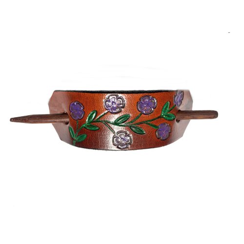 1 LEATHER HAIR BARRETTE, CLIPPED CORNER DESIGN PONYTAIL HOLDER, BRIGHTLY COLORED FLOWERS ON A MEDIUM BROWN BACKGROUND, CHOICE OF 4 GREAT COLORED FLOWERS