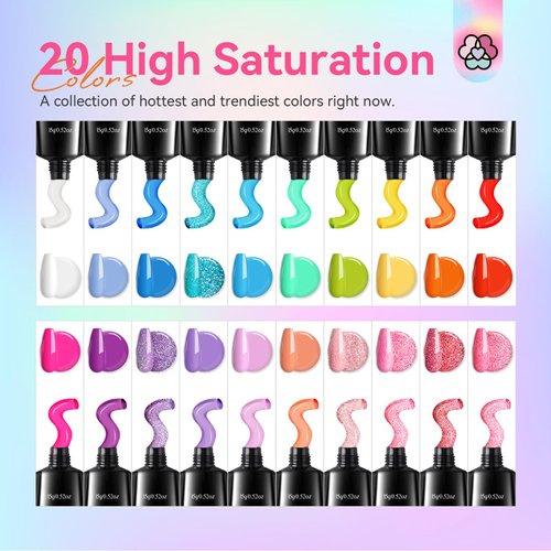 SAVILAND 20 Colors Poly Nail Extension Gel Kit Bright Rainbow Pink Purple Blue Color Collection Poly Gel Nail Kit for Daily Nail Art DIY Home Nail Salon