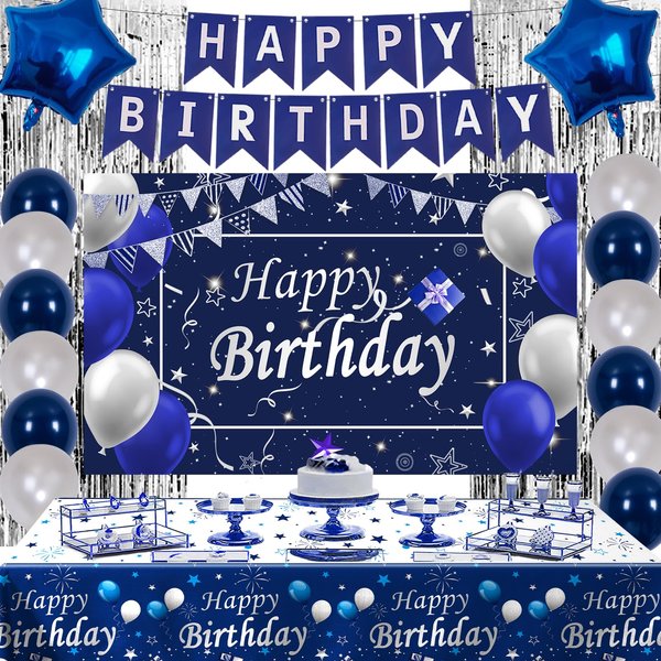 Navy Blue Birthday Decorations for Men Boys Women Girls, Blue and Silver Party Decorations with Happy Birthday Banner Backdrop Tablecloth Blue Star Balloons Silver Fringe Curtains Party Supplies