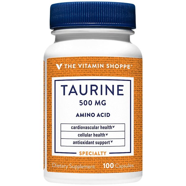The Vitamin Shoppe Taurine 500MG, A Free Form Amino Acid, Antioxidant That Supports Cellular and Cardiovascular Health with Vitamin B6, Brain and Memory Support (100 Capsules)