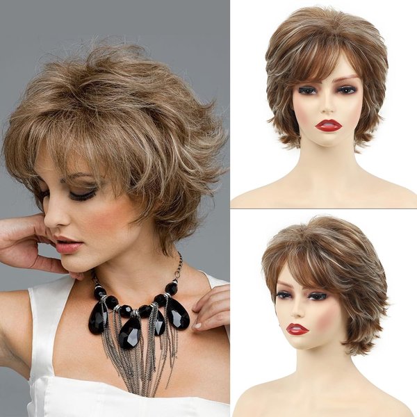 SCENTW Layered Brown Highlight Pixie Wigs for White Women Short Ombre Blonde Curly Wig Fluffy Layered Synthetic Hair Wig with Bangs Natural Wavy Synthetic Hair Replacement Wig