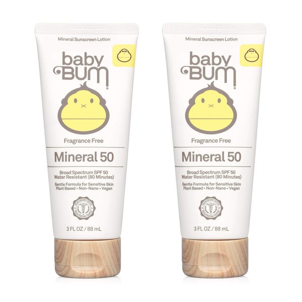 BabyBum Products SPF 50 Sunscreen Lotion Mineral Uva/Uvb Face & Body Protection for Sensitive Skin Fragrance Free Travel Size 3 Fluid Ounce 2 Pack