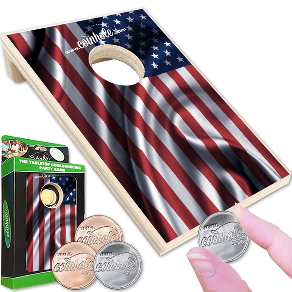 Coinhole Mini Cornhole Single Board Game | Portable Tabletop Bean Bag Toss Game for Indoor & Outdoor Fun | Includes Coins for Game Play (Single Board Play American Flag)