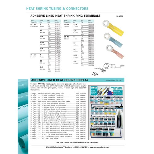 ANCOR MARINE GRADE 311299 Electrical Nylon Insulated Adhesive Lined Heat Shrink Ring Terminals (16 to 14-Gauge, Size 8 Screw, 100-Pack)