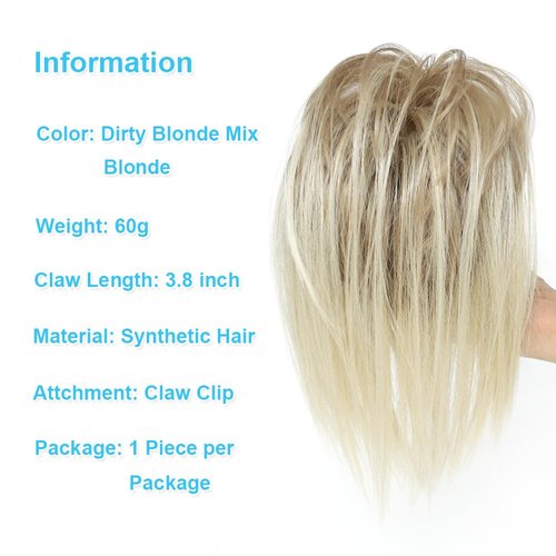 YOLANFAIRY Messy Bun Hair Piece Claw Clip in Hair Buns Hair Piece for Women Straight Short High Ponytail Extension Tousled Updo Faux Hair Bun Scrunchies for Girls (Dirty Blonde Mix Blonde)