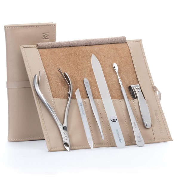 GERMANIKURE 6pc Manicure Set in Beige Leather Case - FINOX Stainless Steel Tools Made in Germany, Glass Nail Care Supplies Made in Czech Republic – Professional Cuticle and Nail Care Kit
