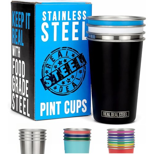 Real Deal Steel Party Pints: 16 oz Pint Cups, Stackable Tumblers, Eco Friendly Premium Metal Drinking Glasses