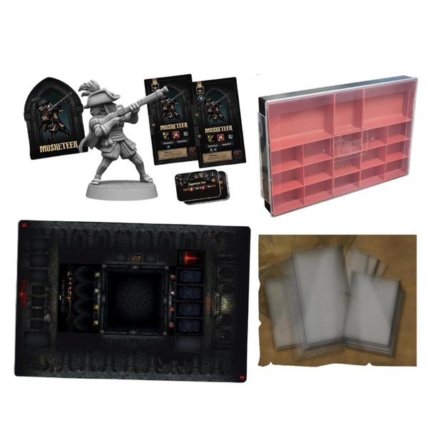 Mythic Games Darkest Dungeon Board Game Accessories Bundle: Musketeer Box, Darkest Organizer, Dark Tapestry Mat, and Heroic Protection from Darkness Sleeves (4 Items)