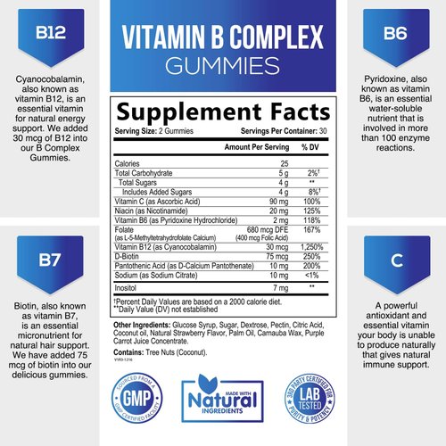 Super B Complex Gummies with Vitamin C & Folic Acid, Extra Strength Vitamin B Gummy Supplement with Niacin, B6, Folic Acid, B12, Biotin, Nature's Energy Immune Support Supplements - 60 Gummies