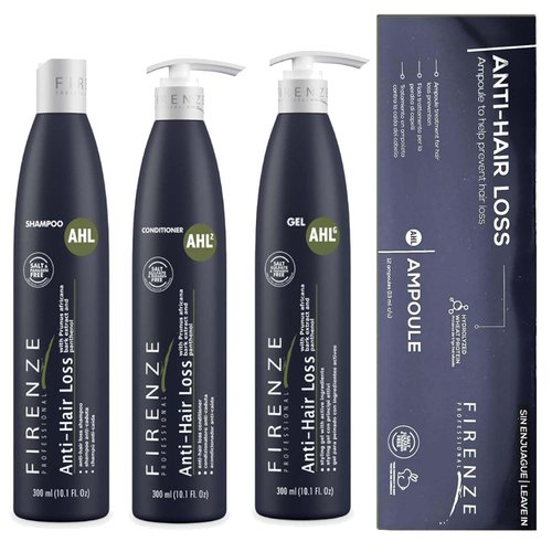 Firenze Professional Anti-Hair Loss Bundle: Shampoo, Conditioner, Hair Gel and Leave in Ampoules - Includes Gift Bag