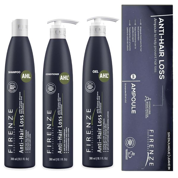 Firenze Professional Anti-Hair Loss Bundle: Shampoo, Conditioner, Hair Gel and Leave in Ampoules - Includes Gift Bag