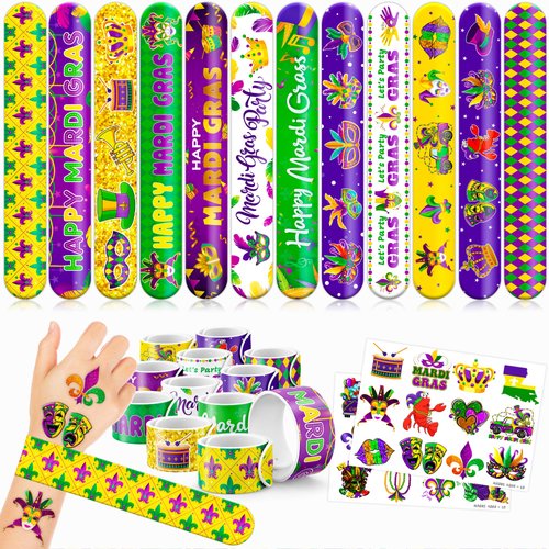 48 Mardi Gras 24PCS Mardi Gras Temporary Tattoos Sticker 24PCS Slap Bracelets Perfect for Themed Birthday Party Favors Baby Showers or Classroom Rewards Ideal Decor and Gifts for Girls and Boys