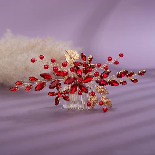 Rumtock Boho Red Leaves Gold Hair Comb for Women Girls Wedding Bridal Special Occasion Hair Jewelry Handmade Headpiece (Red)