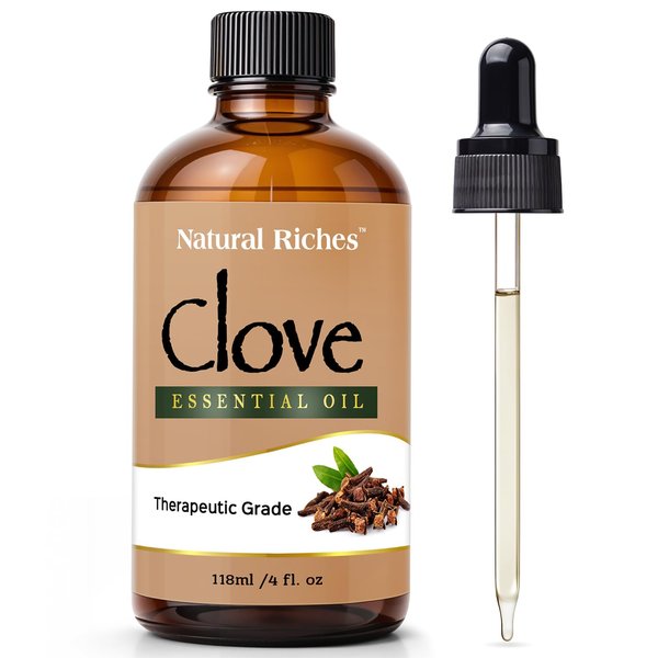 Natural Riches Pure Clove Essential Oil 4 Fl Oz, Therapeutic Grade for Tooth Ache Soothes Sore Muscles Clove Bud Oil Essential Oil for Teeth, Gums, Toothache, Skin Use and Hair Care.
