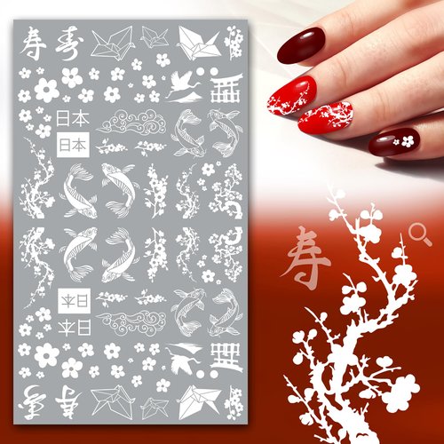 Nail Stickers Decals (5 Sheets) FLONZNAIL White Line Japanese Motifs and Imagery Paper Cranes Koi Fish Nail Decor Transfer Vintage Styled Stickers