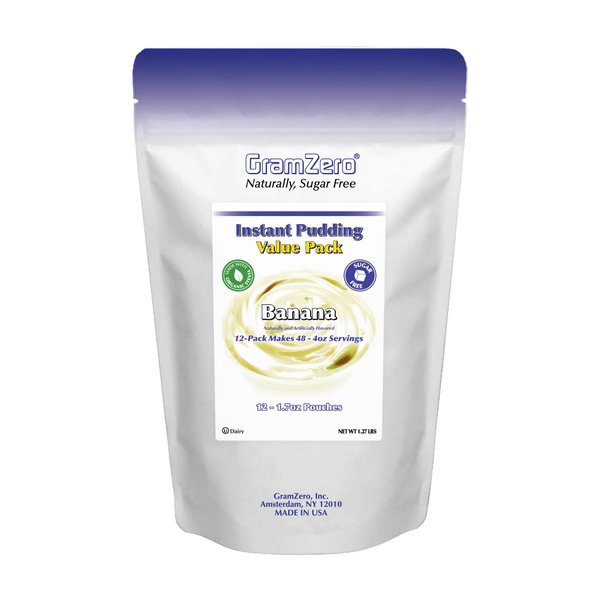 GramZero Banana Sugar Free Pudding Mix 12-Pack, Great For Nutrition Club Meal Replacement Shakes, Low Calorie Dessert, Stevia Sweetened