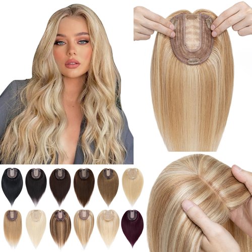 SEGO Hair Toppers for Women Real Human Hair No Bangs 130% Density 10 * 12CM Silk Base 100% Remy Human Hair Clip in Top Wiglet Hair Pieces for Thinning Hair /6 Inch Golden Brown&Bleach Blonde