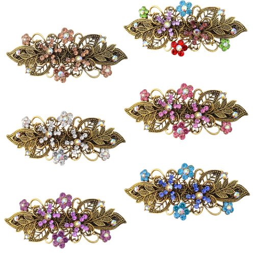 TCOTBE 6 Pcs Vintage Flower Hair Barrettes Metal French Barrettes Crystal Rhinestones Hair Clips Sparkly Glitter Decorative Hair Clips Retro Metal Spring Hair Pins Snap Bridal Hair Accessories