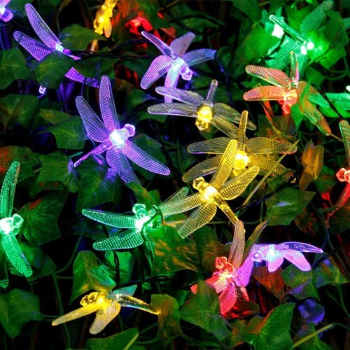 DINOWIN Dragonfly Lights, 20FT/6M 30 LED Solar String Lights with 8 Modes Lights Waterproof for Outdoor, Garden, Christmas Decorations (Multicolor)