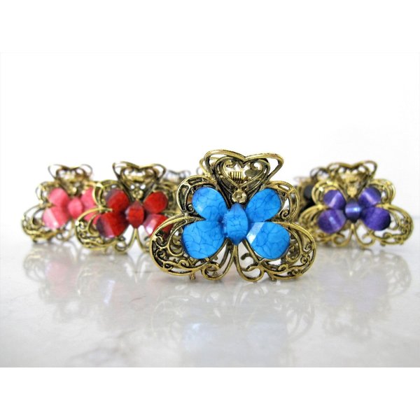 Medium butterfly flower jeweled antique bronze hair claw clip (Primary color: Red)