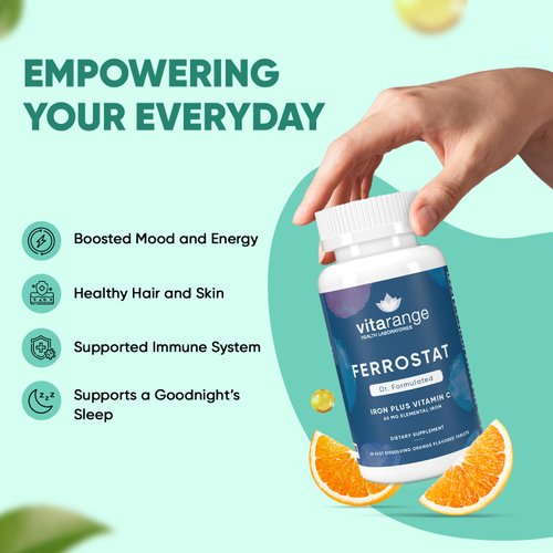 Ferrostat 65mg Chewable Iron with Vitamin C for Bariatric Patients – 30-Day's of Bariatric Iron with Vitamin C – Non-Constipating Gentle Iron - Orange