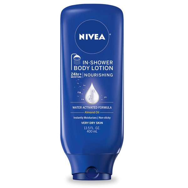 NIVEA Nourishing In Shower Lotion, Water-Activated Body Lotion Enriched with Almond Oil, Instant 24-Hour Moisture, 13.5 Fl Oz Bottle