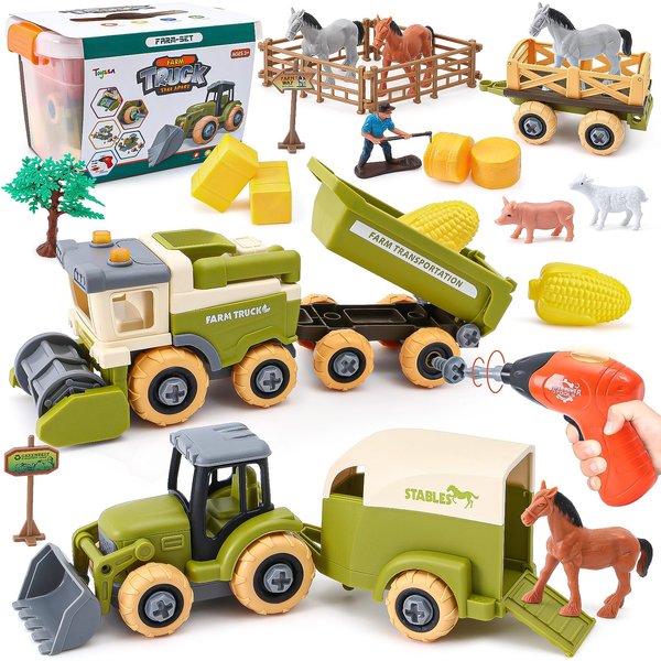 Cleboen Farm Tractor Take Apart Toys for Toddlers Kids 3-5, 3 Trailers for Farm Animals Toys and Figures, Electric Drill and Screwdriver with 3 Drills，Christmas Birthday Gift for Kids Toddlers