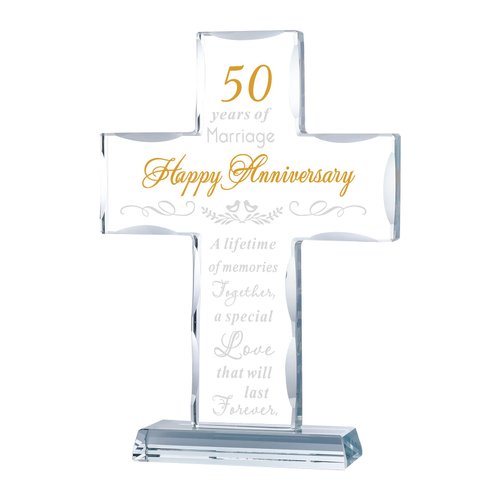 YWHL 50th Wedding Anniversary Religious Cross Gifts for Parents, Laser Engraved Glass Standing Cross Keepsake for Couple, 50 Years of Marriage Cross Present