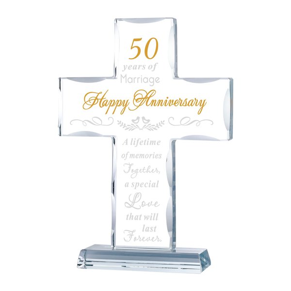 YWHL 50th Wedding Anniversary Religious Cross Gifts for Parents, Laser Engraved Glass Standing Cross Keepsake for Couple, 50 Years of Marriage Cross Present