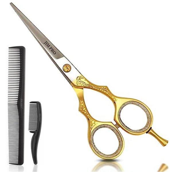 JIM PRO Hair Cutting Scissors/Shears, 6.5 Inch Professional Stainless Steel Barber Hair Scissors, for Both Salon and Home Use (Golden Handle)