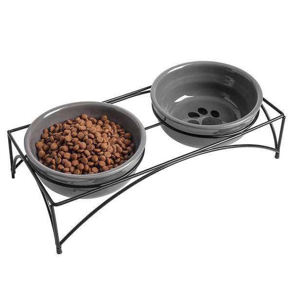 Y YHY Dog&Cat Food Bowls,12OZ Ceramic Raised Pet Bowls for Food and Water, Two Elevated Pet Dishes Bowls 2.75” Height Sturdy Metal Stand, Grey