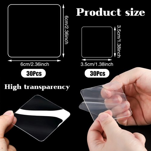 Prudiut 60 Pcs Double Sided Tape Clear Mounting Squares Sticky Tack for Wall Hanging Waterproof Removable Sticky Pads for Fixing Carpet Tape (1.38in +2.36in)