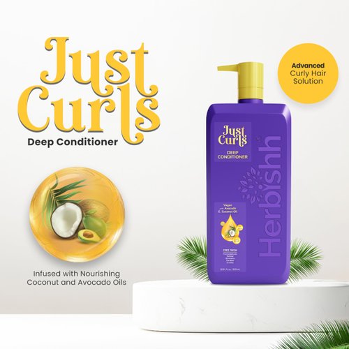 Herbishh Just Curls Deep Conditioner for Curly Hair, Avocado & Coconut Oil, Vegan, 500ml, Curlfaction Deep Conditioner for Curly Hair & Deep Hair Conditioner for Dry Damaged, Detangler, Wavy Hair