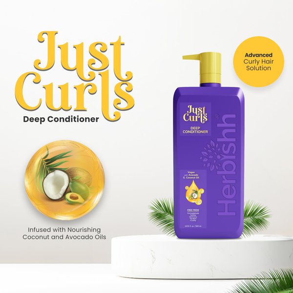 Herbishh Just Curls Deep Conditioner for Curly Hair, Avocado & Coconut Oil, Vegan, 500ml, Curlfaction Deep Conditioner for Curly Hair & Deep Hair Conditioner for Dry Damaged, Detangler, Wavy Hair