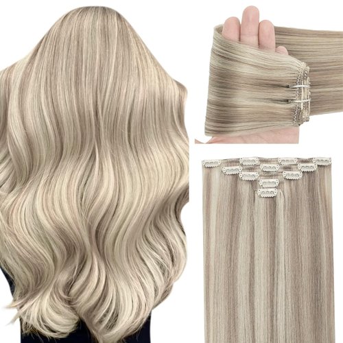 Clip in Hair Extensions Real Human Hair for Women Light Blonde Highlighted Golden Blonde Natural Straight Brazilian Clip ins Hair Extensions Double Weft 12 Inch 60G 5 PCS Clip on Hair Extensions