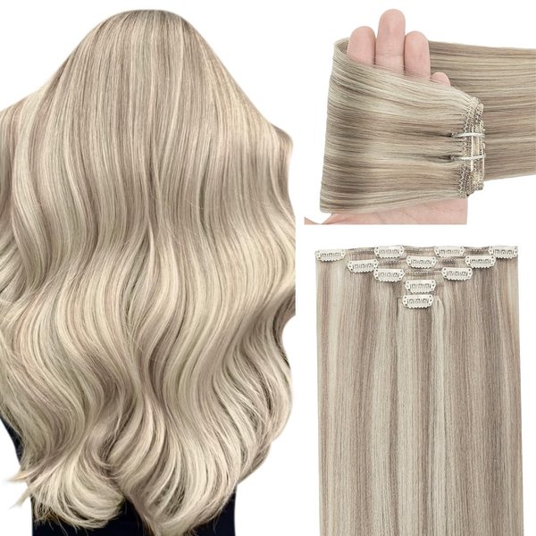 Clip in Hair Extensions Real Human Hair for Women Light Blonde Highlighted Golden Blonde Natural Straight Brazilian Clip ins Hair Extensions Double Weft 12 Inch 60G 5 PCS Clip on Hair Extensions