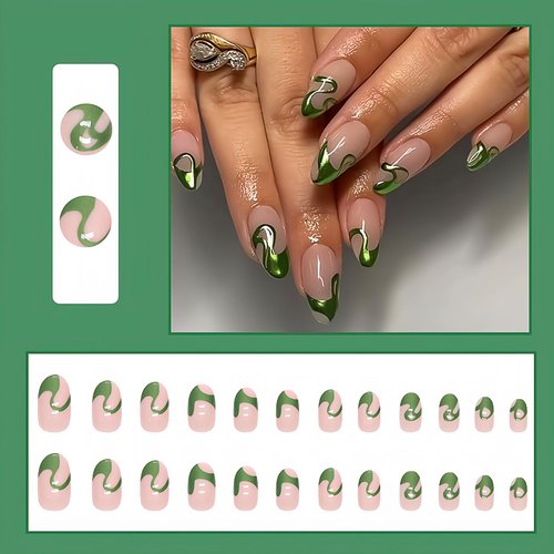 St. Patrick’s Day Press on Nails Medium Length Almond Fake Nails Glossy Green Glitter False Nails Gel Glue on Nails Full Cover Acrylic Artificial Nails for Women Girls Manicure 24Pcs
