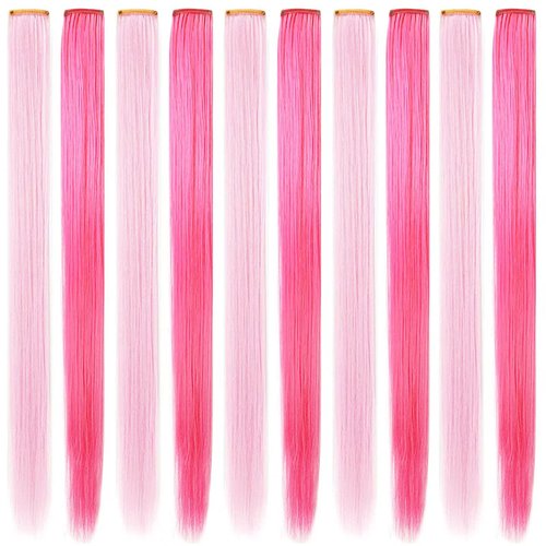 MOSCSMDY 10PCS 21''Light Pink&Pink Hair Extensions for Girls Wig Pieces Clip in Coloured Hair Extensions for Kids Colorful Hairpieces Party Highlights Heat Resistant Synthetic Long Straight Multiple Colors