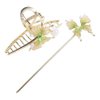 Pokinge 2PCS Chinese Style Green Butterfly Tassel Pearl Hair Stick and Hair Claw, Elegant Pearl Hairpin Hair Accessories for Hanfu Cheongsam Headdress