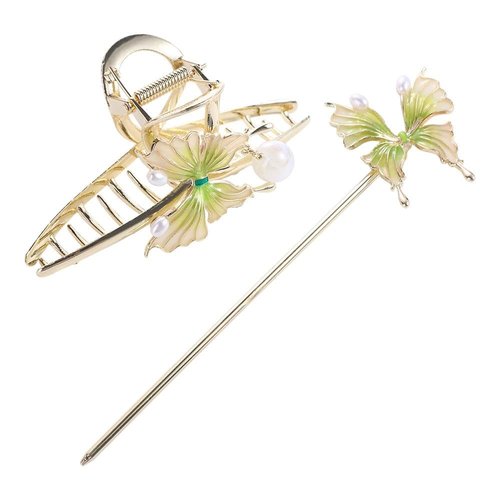 Pokinge 2PCS Chinese Style Green Butterfly Tassel Pearl Hair Stick and Hair Claw, Elegant Pearl Hairpin Hair Accessories for Hanfu Cheongsam Headdress