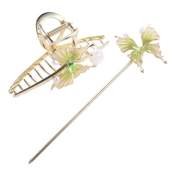 Pokinge 2PCS Chinese Style Green Butterfly Tassel Pearl Hair Stick and Hair Claw, Elegant Pearl Hairpin Hair Accessories for Hanfu Cheongsam Headdress