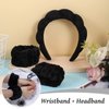 Sponge Spa Headband for Women, Black Makeup Headband and Wrist Washband Set for Face Washing, Skincare, Shower, Makeup Removal