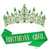 VELSCRUN Birthday Tiara Crowns for Women Girls Green Crystal Birthday Girl Headband Sash Elegant Princess Crown Happy Birthday Party Decorations Women Sisters Birthday Gift Hair Accessories