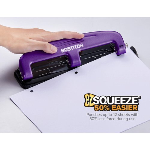 Bostitch Office EZ Squeeze Reduced Effort 3-Hole Punch, 12 Sheets, Purple