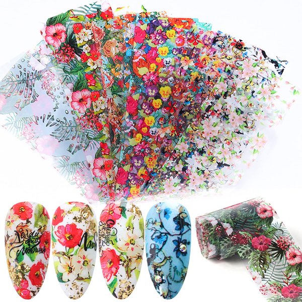 Flowers Nail Foil Transfer Stickers Decals, Flowers Nail Transfer Foils Sticker Designs Summer Floral Nail Art Decals Acrylic Nails Supplies for Women Girls Manicure Tips Decorations (10 Sheets)