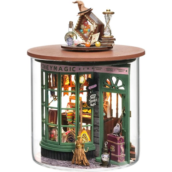 Roroom DIY Miniature and Furniture Dollhouse Kit,Mini 3D Wooden Doll House Craft Model with Dust Proof Cover and LED,Creative Room Idea for Valentine's Day Birthday Gift(Magic Shop)