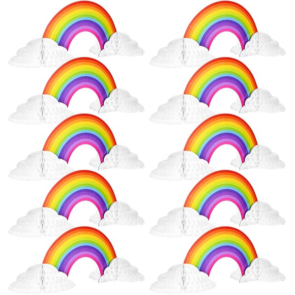 WILLBOND Rainbow Honeycomb Paper Centerpiece Rainbow Cloud Centerpieces No Crease Converting Rainbow Centerpieces for Christmas Birthday Party Tables Decoration(10 Pieces)